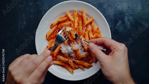 Man eating penne pasta with tomato sauce and Parmesan on a white plate, top view isolated on a black background. Close-up of hands holding a fork over a bowl with red noodles.