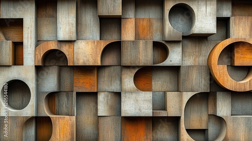 Abstract wooden geometric shapes wall. photo