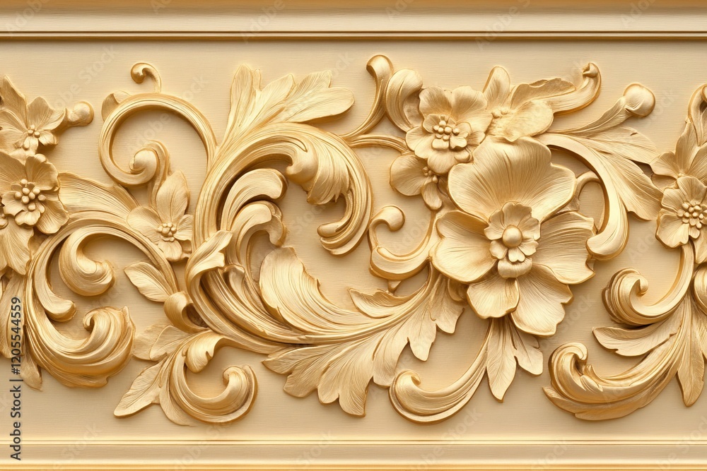 A close-up of intricate gold moldings on a Baroque wall, showcasing detailed floral and scroll patterns A close-up of intricate gold moldings on a Baroque wall, showcasing detailed floral and scroll patterns