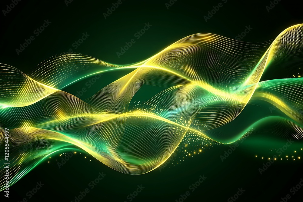 Fototapeta premium Abstract dynamic waves of shimmering gold and green on a dark background