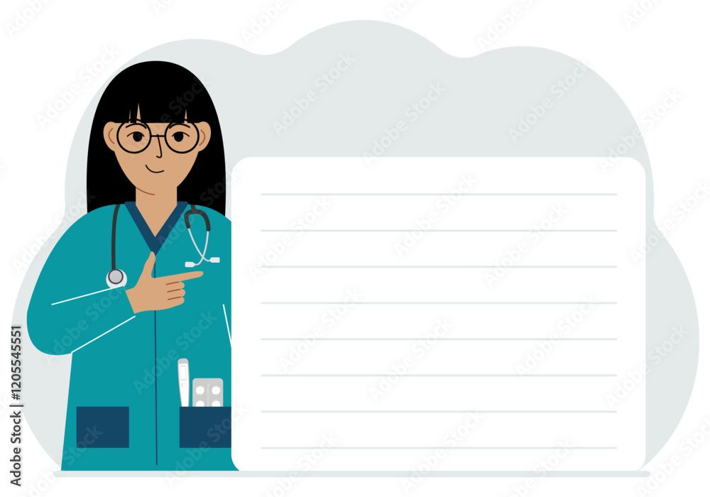 Happy Doctor holding a file with blank paper for text. Vector Happy Doctor holding a file with blank paper for text. Vector