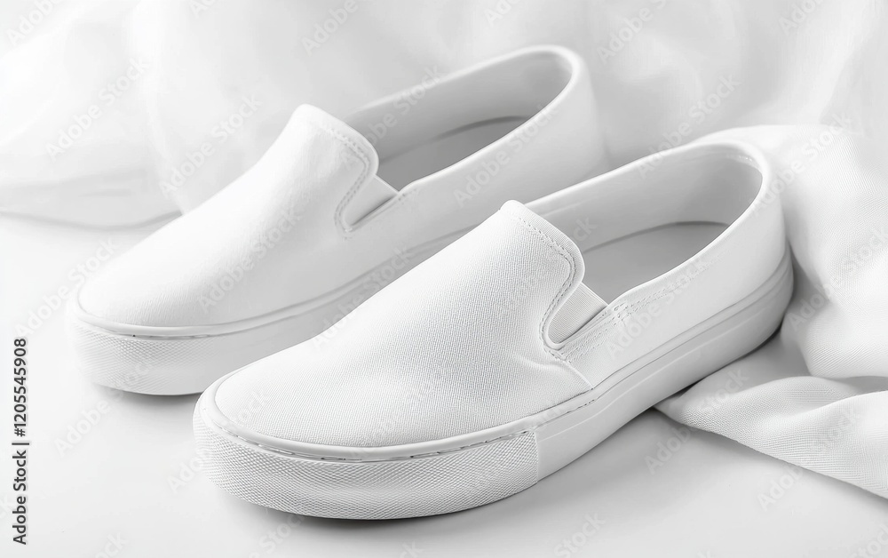 Minimalist white slip-on sneakers with a soft fabric texture on a clean white background Minimalist white slip-on sneakers with a soft fabric texture on a clean white background