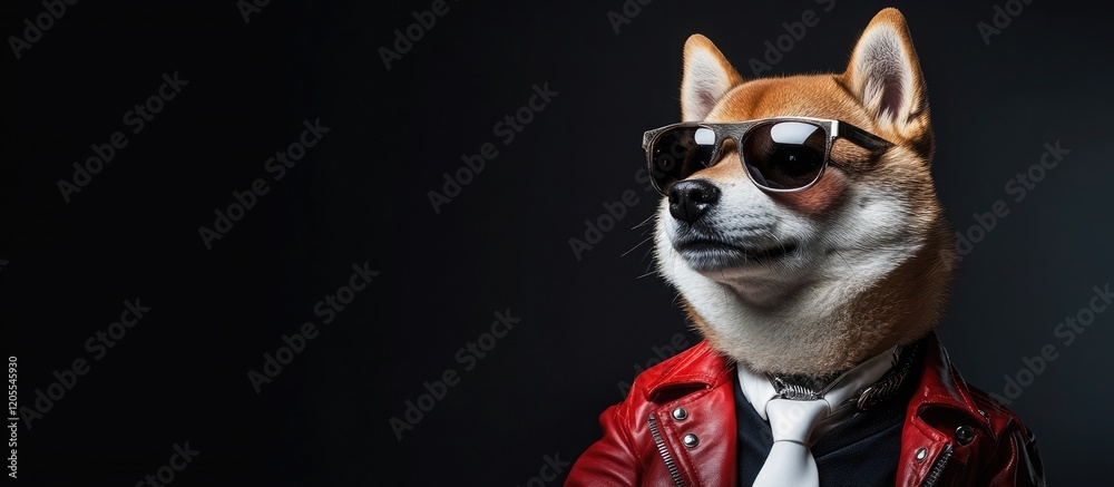 Portrait of a cool Shiba Inu wearing a red leather jacket and sunglasses, a white tie, against a black background Portrait of a cool Shiba Inu wearing a red leather jacket and sunglasses, a white tie, against a black background