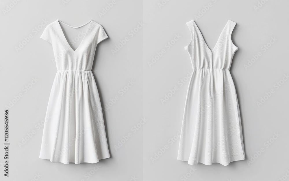 Minimalist white summer dress mockup, front and back view, 3D rendering, white background Minimalist white summer dress mockup, front and back view, 3D rendering, white background