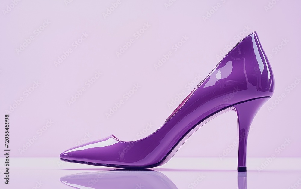 purple high-heeled shoe with a pointed toe and glossy finish on a clean white background purple high-heeled shoe with a pointed toe and glossy finish on a clean white background