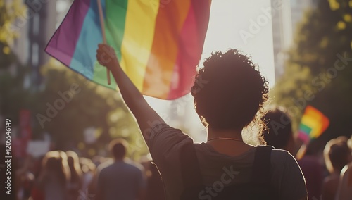 A person holding up the rainbow flag at a pride event, with people in the blurred background celebrating and showing support for their boundless affection - Generative AI photo