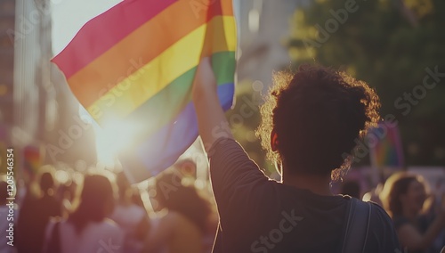 A person holding up the rainbow flag at a pride event, with people in the blurred background celebrating and showing support for their boundless affection - Generative AI photo