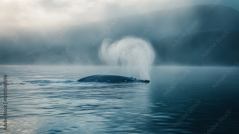 Majestic whale breaching through misty waters at dawn Majestic whale breaching through misty waters at dawn
