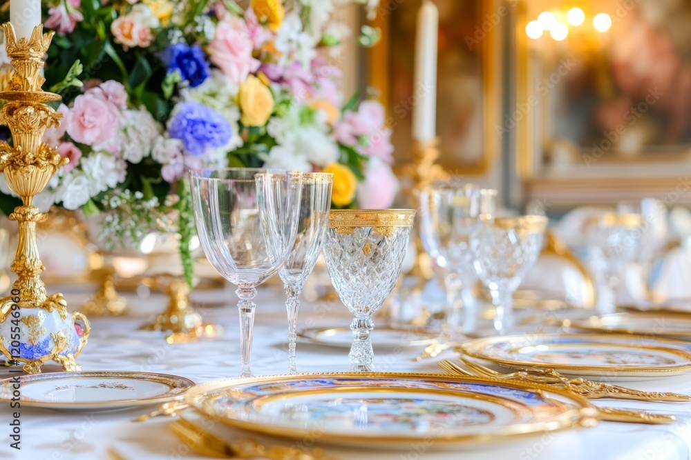 Baroque dining table setting with pink roses and golden decorations Baroque dining table setting with pink roses and golden decorations