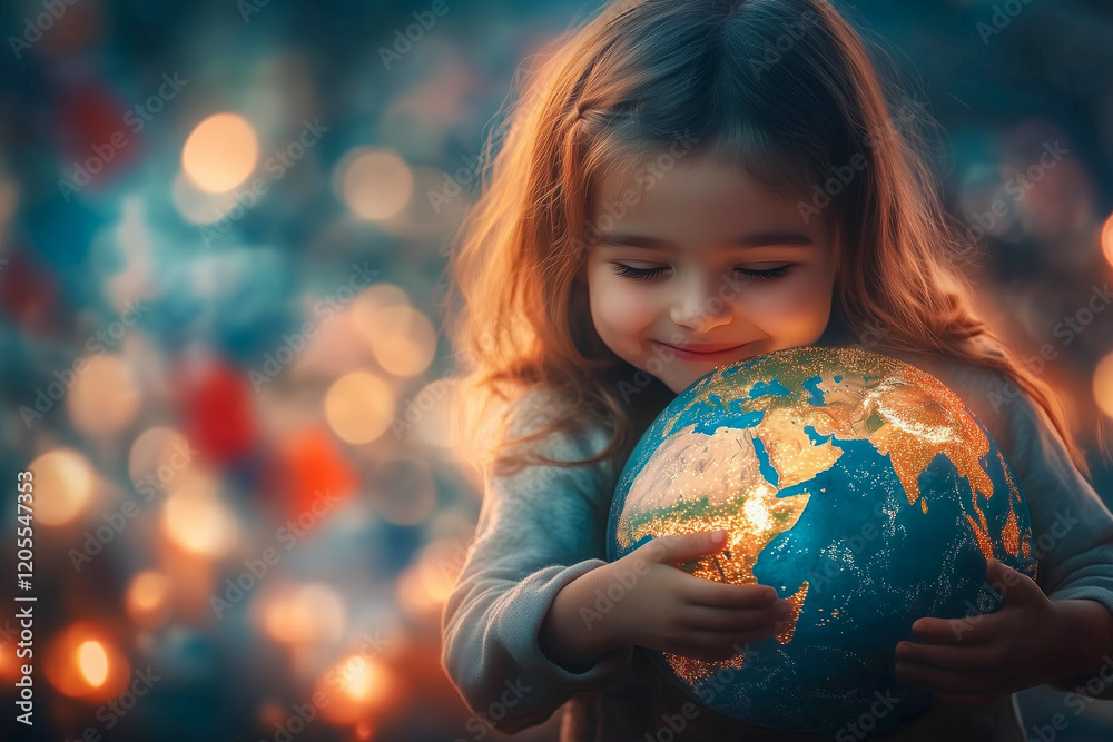 a boy and girl hugging each other with a globe in their hands and a boke of lights in the background a boy and girl hugging each other with a globe in their hands and a boke of lights in the background