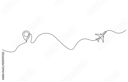 Continious Line Travel Concept Vector Illustration, Continuous line drawing of airplane, destination line path of airplane flight route with starting point location, Path with location pins.