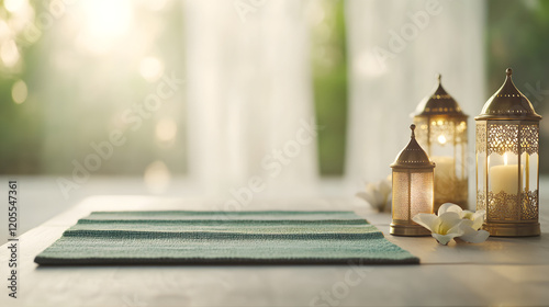 Lighted arabic lanterns illuminating festive table setting for ramadan with copy space photo