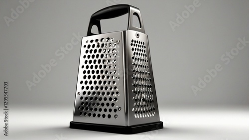 A grater is a kitchen tool used to shred or grate foods like cheese, vegetables, or spices into fine or coarse pieces. It has sharp, perforated surfaces and is essential for cooking, baking, and garni photo