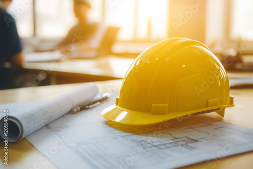 Construction helmet sits on blueprints in a bright office during a busy day of planning and design