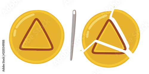 A divided dalgona candy showcasing a triangle and a circle design. Players must be precise and steady to avoid breaking the delicate shapes
