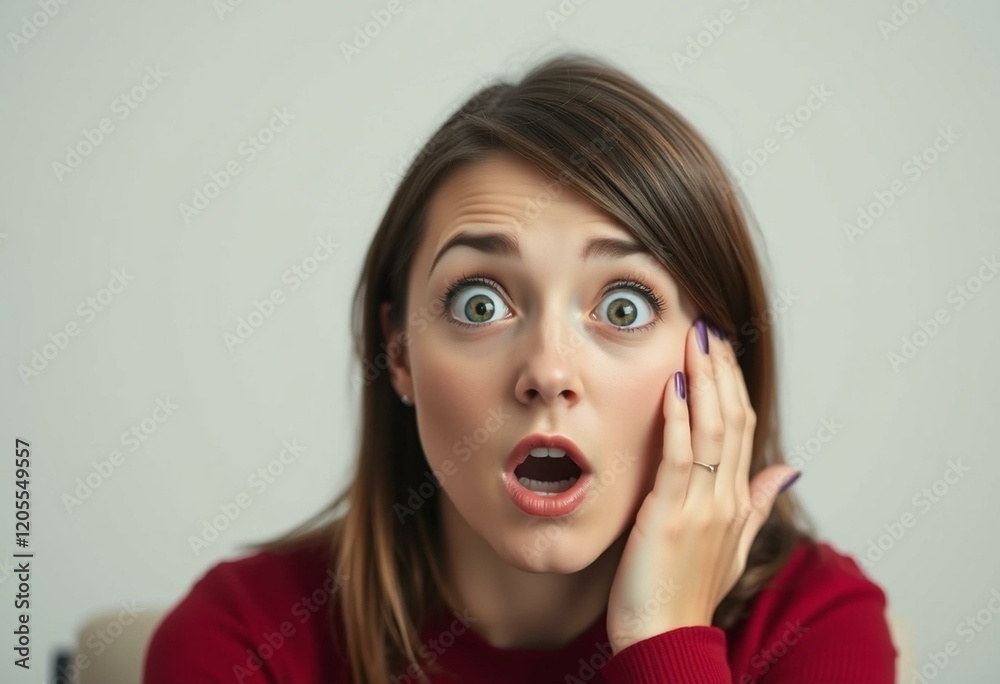 Surprised female portrait with bright red face and wide open eyes Surprised female portrait with bright red face and wide open eyes