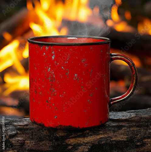 Steam rises from a red camping mug placed on a log by a crackling campfire at dusk