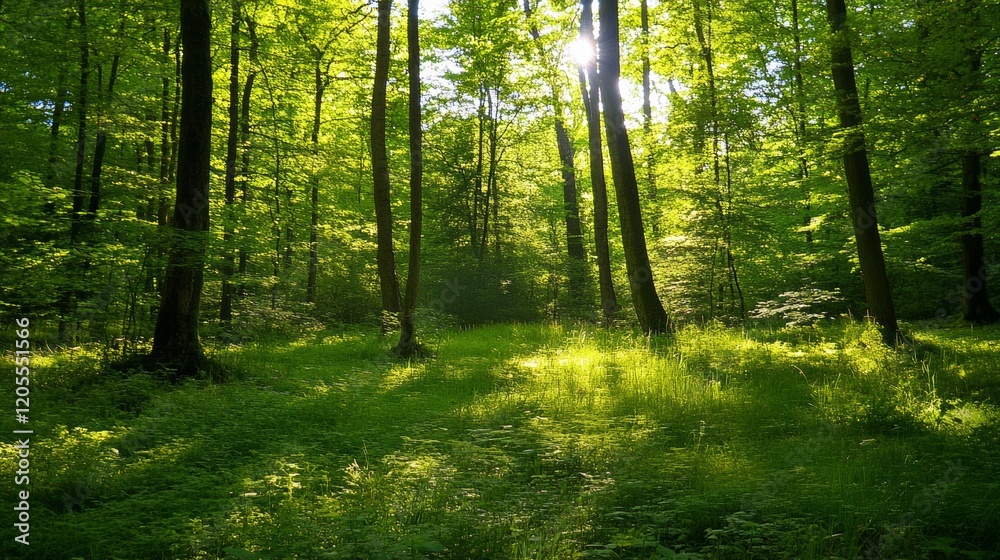 Obraz premium A tranquil forest glade with sunlight filtering through the trees, Forest scene, Serene style
