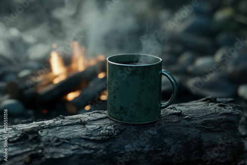 Warm coffee mug resting on a log near a glowing campfire in a serene outdoor setting