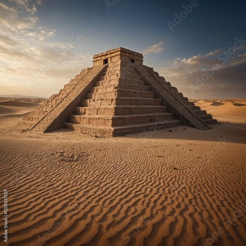 A mysterious ancient temple buried halfway in the desert sands. photo