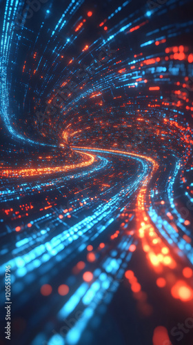 Digital particles spiraling, illuminating dynamic data flow, visualizing interconnected information networks with vibrant energy