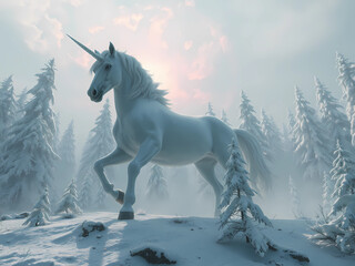 Wandcirkels Eenhoorn unicorn, being reincarnated into a snow world, sky nebula, artstation scifi 3D scene of a showing forest, maximalism, ambient occlusion, atmospheric haze, unreal engine, hyper realism, realistic shadi  © Iza