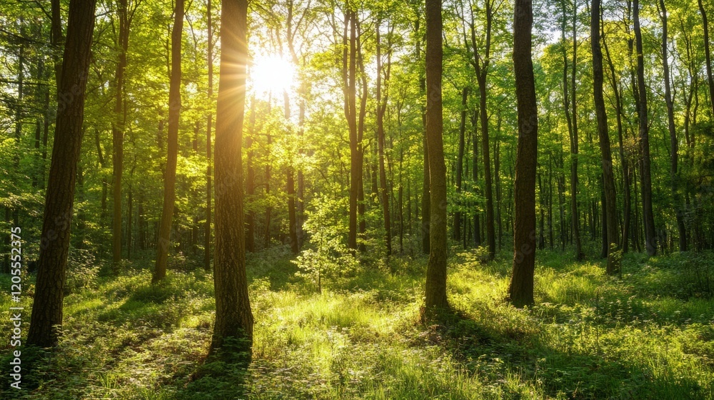 Fototapeta premium A tranquil forest glade with sunlight filtering through the trees, Forest scene, Serene style