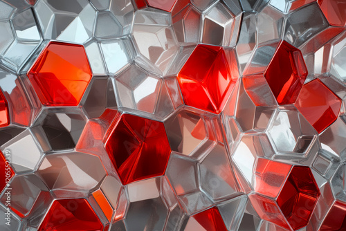 Colorful hexagonal patterns of transparent and red shapes create an abstract design in a modern setting