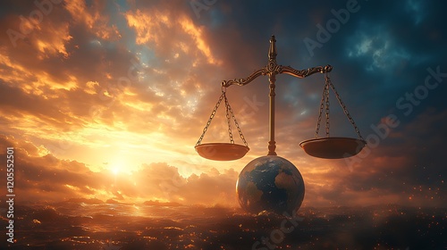 Global Justice Scales of Justice on Earth at Sunset