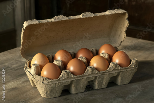 Fresh brown eggs arranged in a carton resting on a wooden table in a rustic kitchen setting