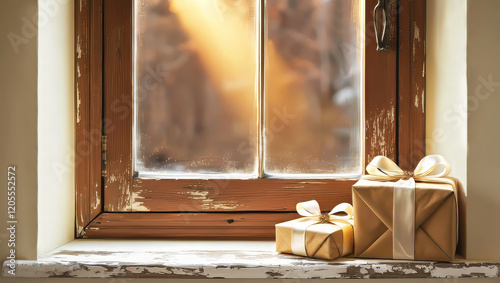 Gift boxes on rustic window in sunrays photo