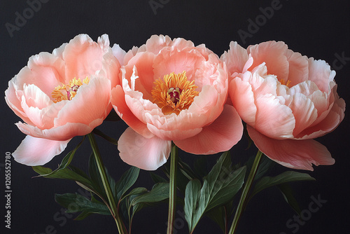 Fototapeta Naklejka Na Ścianę i Meble -  Three Coral Peonies Against A Dark Background