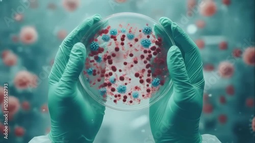 Hands in green gloves holding an petri dish containing red and blue bacteria, laboratory background