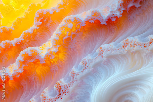 Colorful swirling patterns resembling clouds at sunset over a serene landscape