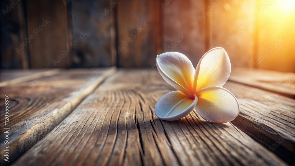 Serene Single Blossom Resting on Weathered Wooden Planks Bathed in Warm Sunlight Serene Single Blossom Resting on Weathered Wooden Planks Bathed in Warm Sunlight