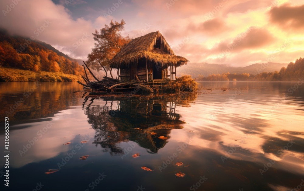 Obraz premium Secluded Cabin on a Tranquil Lake at Sunset