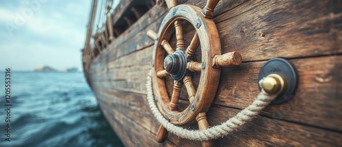 Wooden Ships Wheel On Aged Wooden Ship Deck