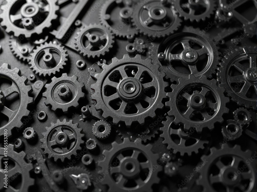 Gears and cogs wheels, industrial background. Artwork digital illustration. From above technical texture of steampunk gears on metal dark black background. Gears of the mechanism. Wallpaper design Gears and cogs wheels, industrial background. Artwork digital illustration. From above technical texture of steampunk gears on metal dark black background. Gears of the mechanism. Wallpaper design