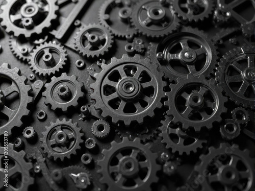 Wallpaper Mural Gears and cogs wheels, industrial background. Artwork digital illustration. From above technical texture of steampunk gears on metal dark black background. Gears of the mechanism. Wallpaper design Torontodigital.ca