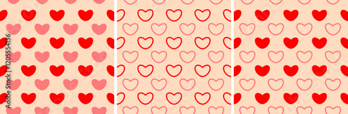 Vector illustration of a set of seamless heart pattern 3 styles with Solid with Outline and mixed red tones for designs, textiles, wrapping paper, Valentine's cards, graphics, romance, warmth, love