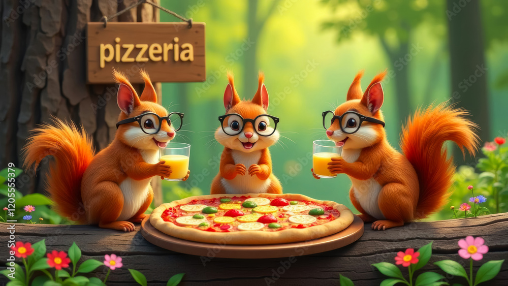 Naklejka premium three funny squirrels with glasses eat pizza and drink juice in the forest
