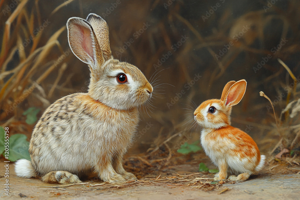 Obraz premium Adult Rabbit and Baby Rabbit Sitting Together