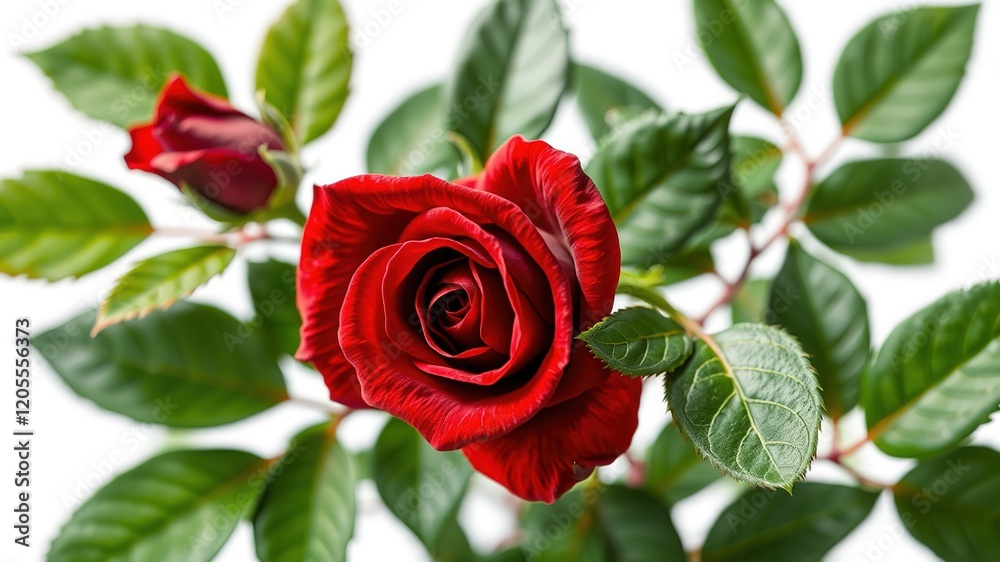 Naklejka premium Dark Red Rose with Green Leaves - AI Photorealistic