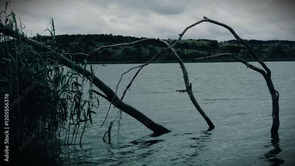 Eerie scene of reeds and a dead tree with water flowing around it. Dark, discolored tones create a haunting atmosphere, ideal for crime shows or suspenseful storytelling. Shot in 4K high resolution. Eerie scene of reeds and a dead tree with water flowing around it. Dark, discolored tones create a haunting atmosphere, ideal for crime shows or suspenseful storytelling. Shot in 4K high resolution.