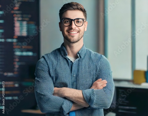 Portrait of a young male programmer, creative designer, developer engineer. He stands in the office with his arms crossed on his chest and looks at the camera with a smile