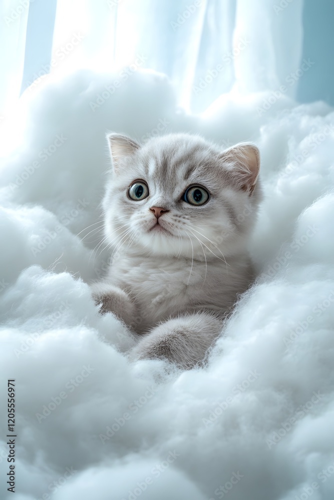 Obraz premium Adorable Scottish Fold Kitten Resting on Fluffy Cloud Pillow in Dreamy Pastel Backdrop