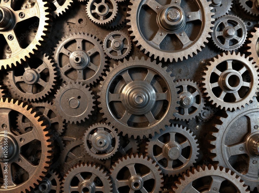 Gears and cogs wheels, industrial background. Artwork digital illustration. From above technical texture of steampunk gears on metal dark brown background. Gears of the mechanism. Wallpaper design Gears and cogs wheels, industrial background. Artwork digital illustration. From above technical texture of steampunk gears on metal dark brown background. Gears of the mechanism. Wallpaper design