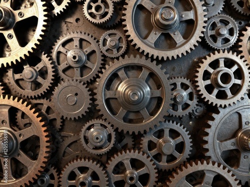 Wallpaper Mural Gears and cogs wheels, industrial background. Artwork digital illustration. From above technical texture of steampunk gears on metal dark brown background. Gears of the mechanism. Wallpaper design Torontodigital.ca