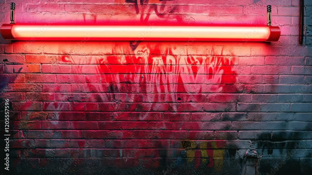 Neon light illuminates vibrant graffiti on urban brick wall in a night setting