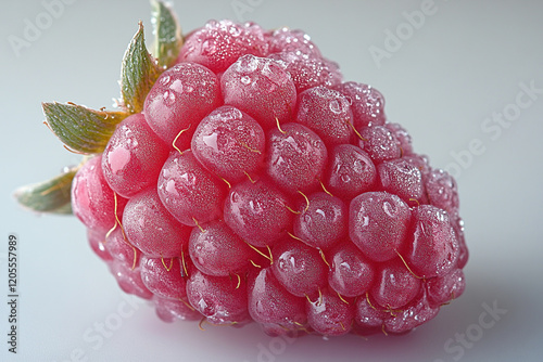 A Single Dew Covered Raspberry Close Up photo